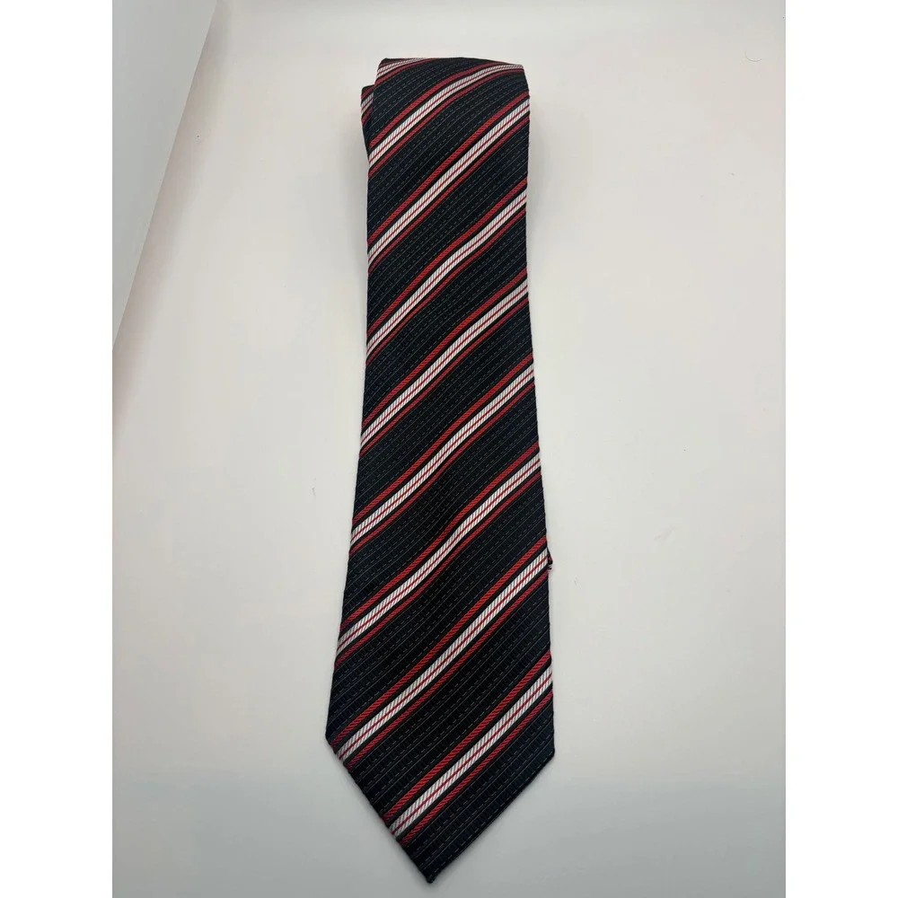Angelino Mens Necktie Black Red White Diagonal Striped Hand Made Microfiber 1608